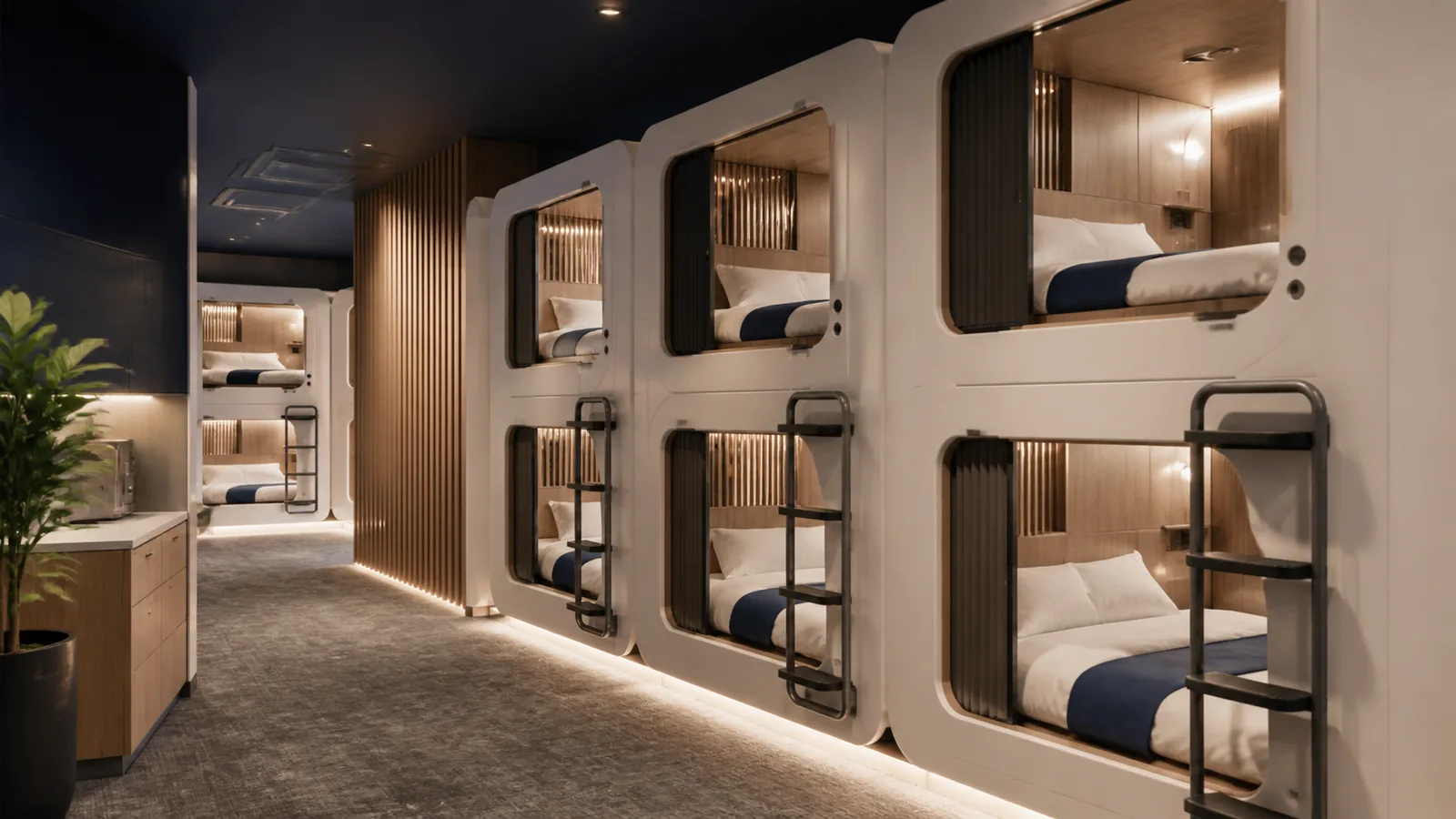 Capsule hotel room layout with stacked sleep pods