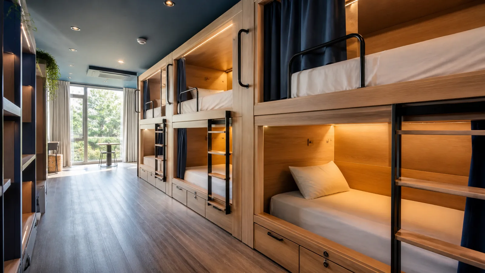 Commercial capsule accommodation arranged in a shared hospitality setting