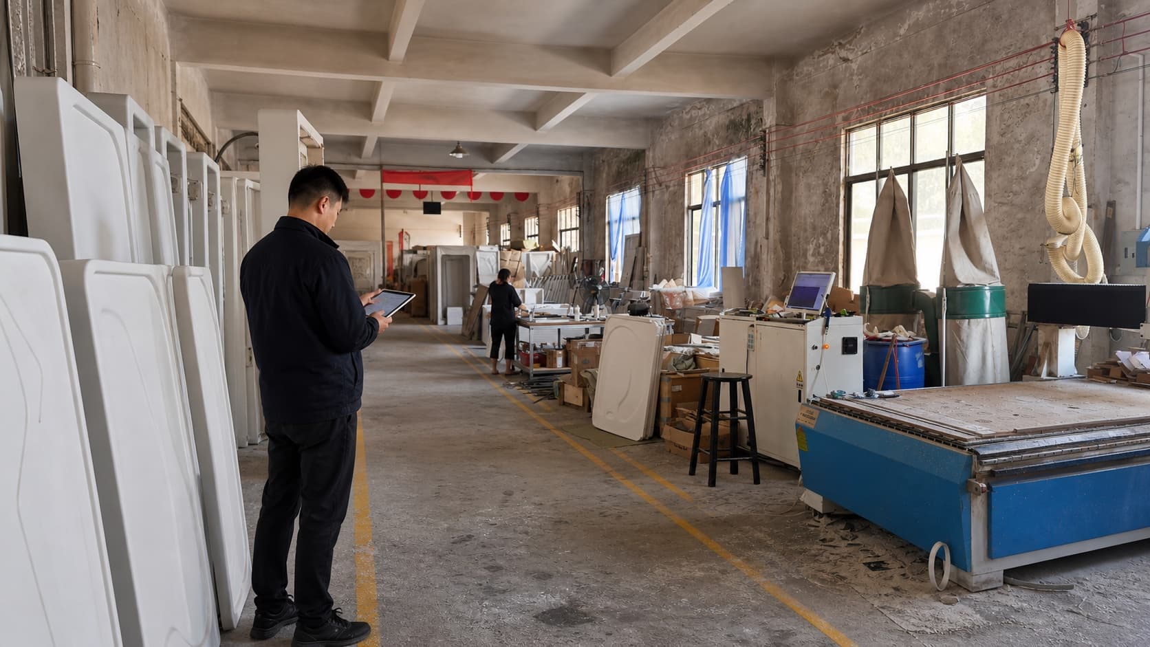 Buyer reviewing capsule bed manufacturing capability in the GEELYE production workshop