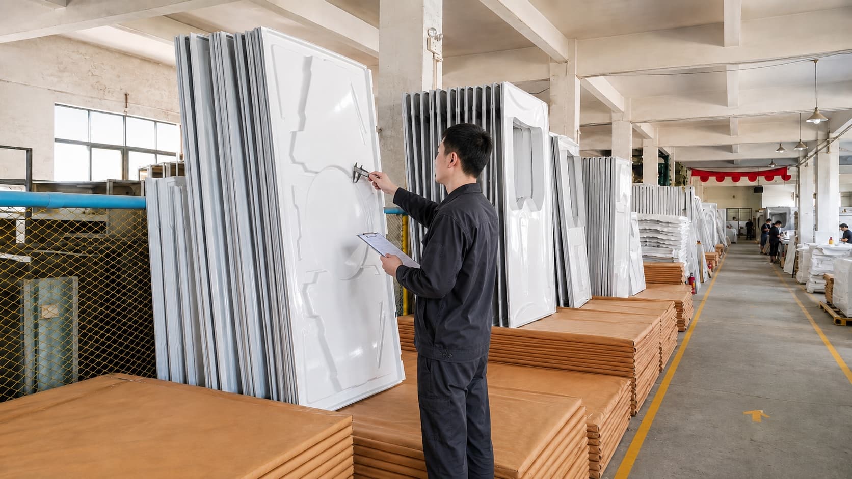 Quality inspector checking a capsule bed shell panel in the GEELYE factory