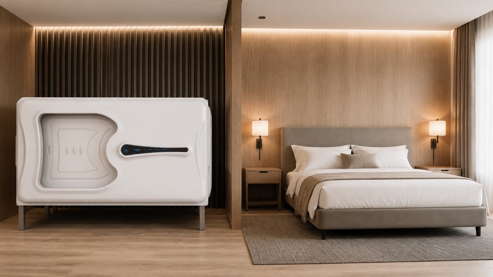 Side-by-side hotel concept showing a white GEELYE capsule bed and a traditional upholstered hotel bed