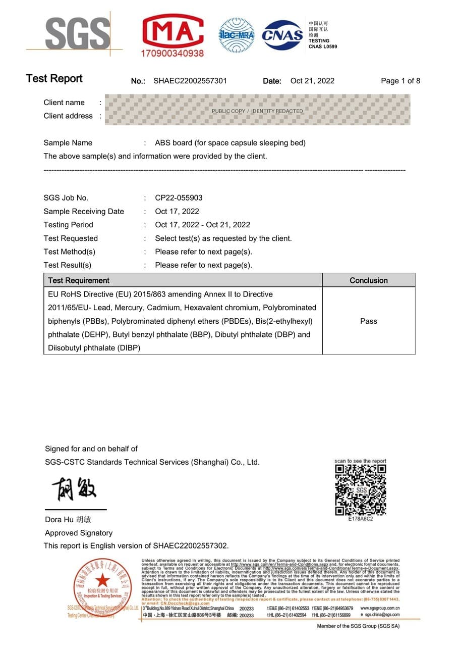 Redacted public preview of an SGS report for a submitted ABS board sample