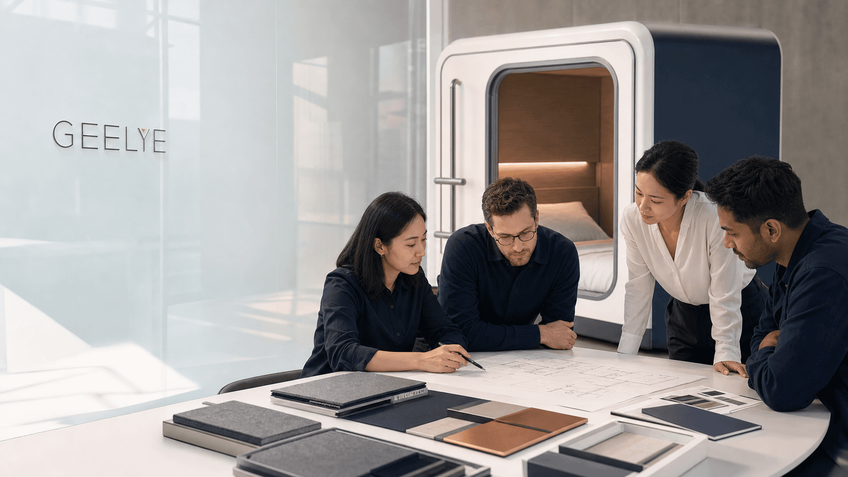 GEELYE project specialists reviewing a capsule sleep pod space plan