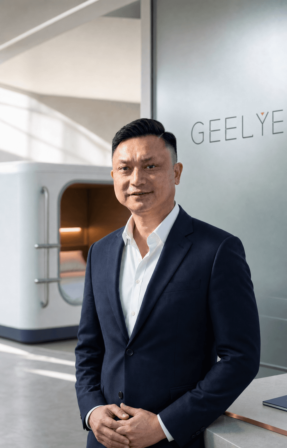 GEELYE company representative in a branded capsule sleep pod consultation space