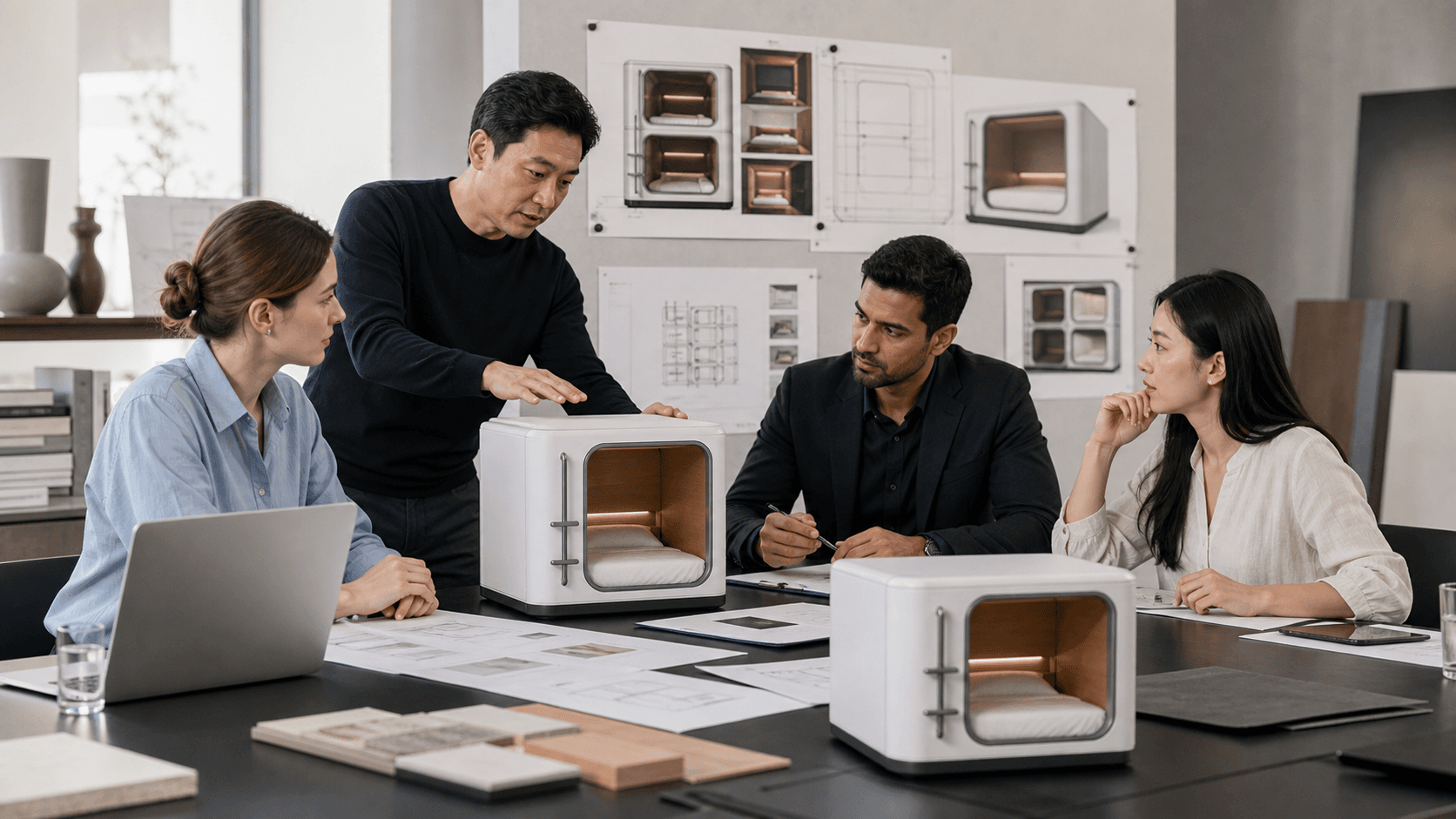 Procurement team comparing commercial Capsule Sleep Pod configurations