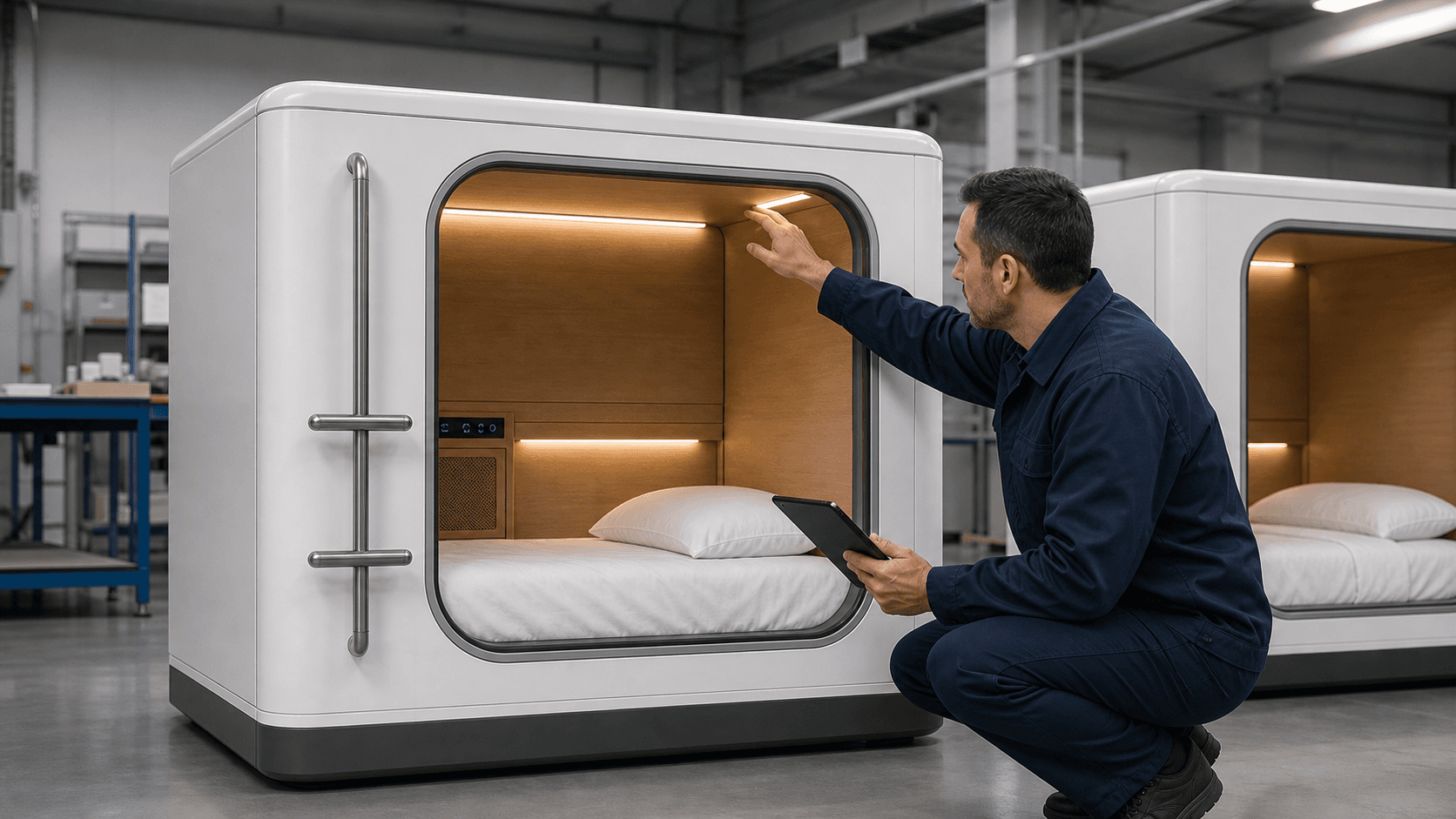 Technician performing shipment inspection on a commercial sleep pod