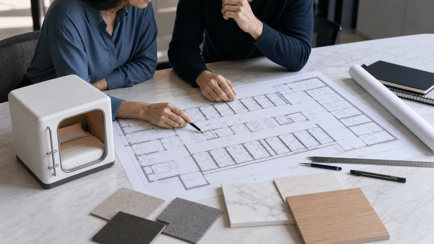 Architect reviewing a capsule sleep pod room layout and circulation plan