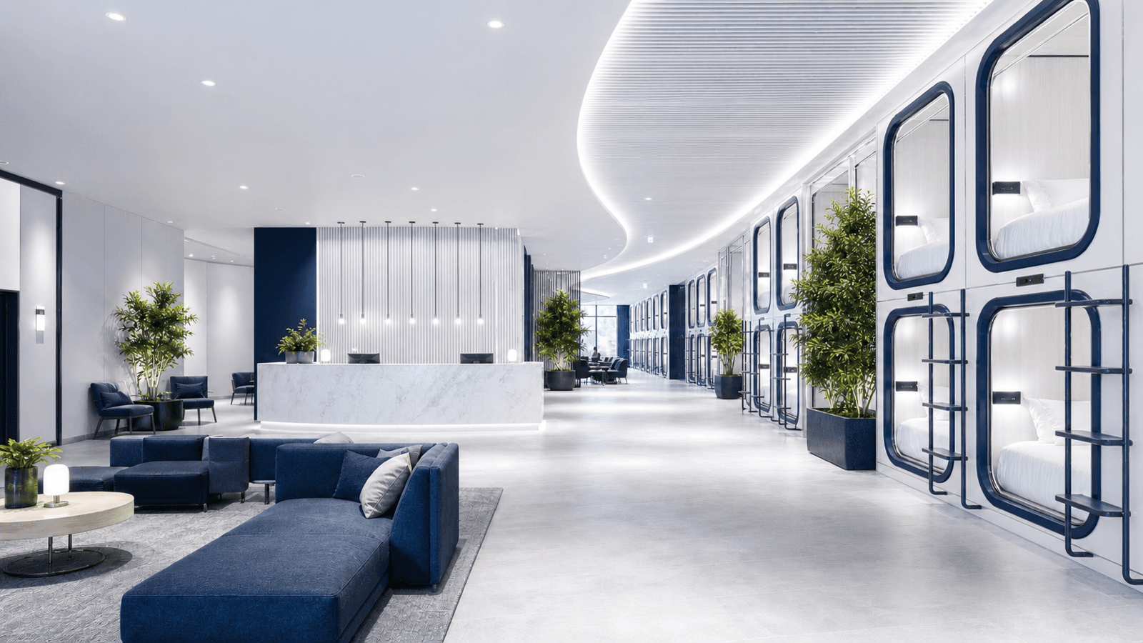 Concept visualization of a modern capsule hotel lobby using GEELYE-style sleep pods