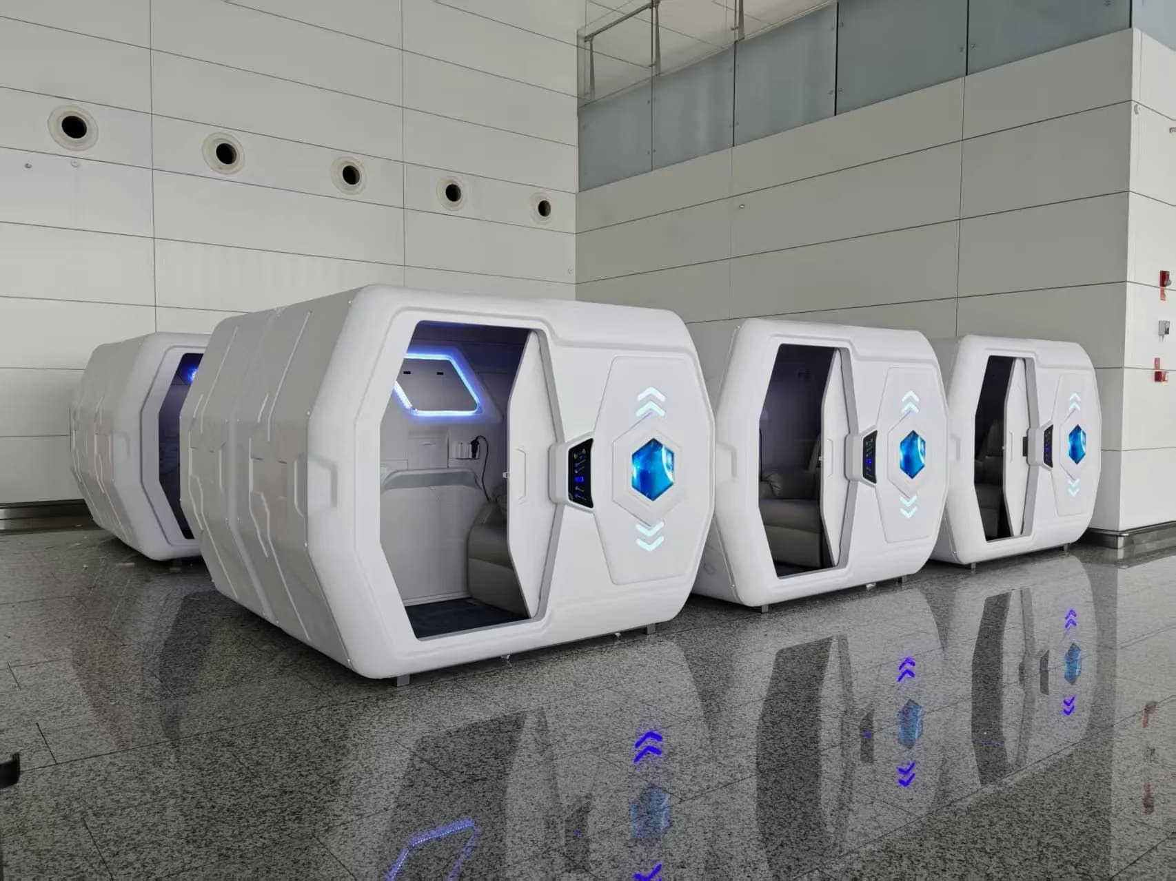 GY80 standalone rest pods installed in an airport terminal
